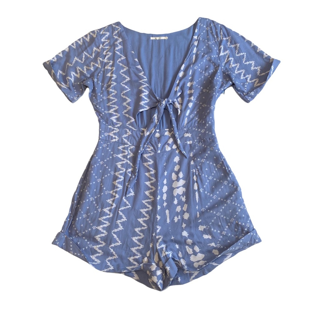 Tularosa Rowley Romper Women's Waist Tie Plunge Neckline Sz S Viscose Geo blue